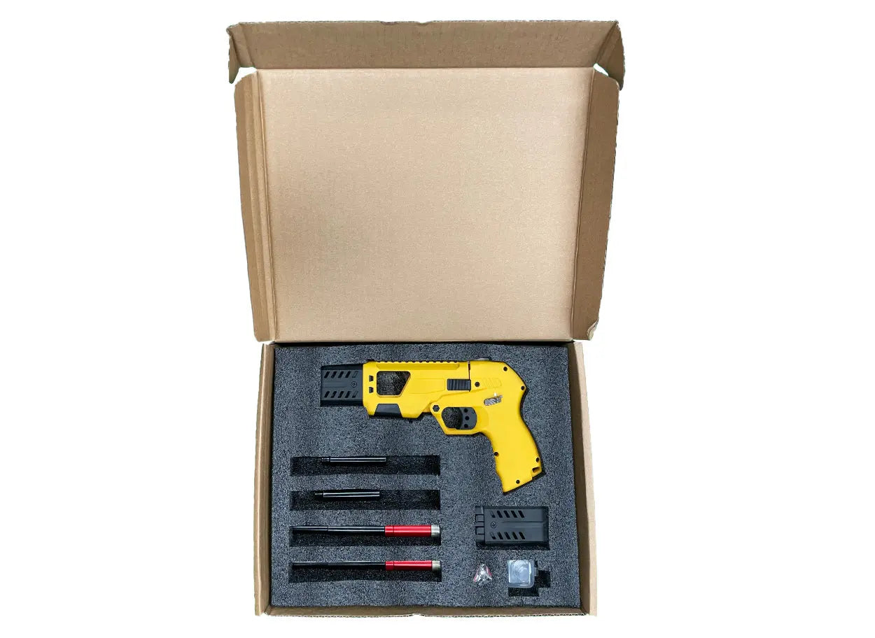 BinTac AEA Defender PCP Airgun yellow with 2 short Barrels and 2 long Barrels with Extension in a padded Packaging