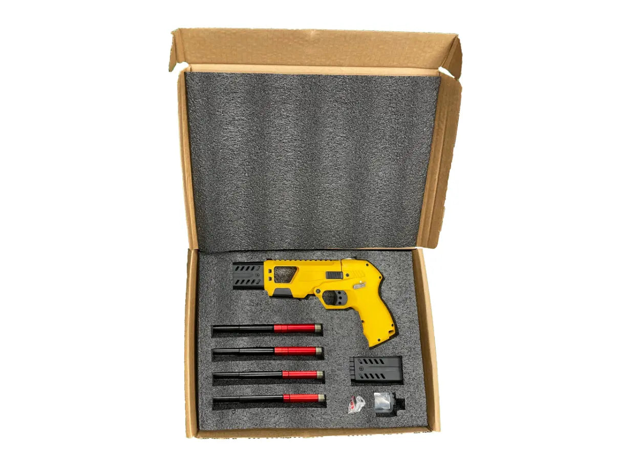 BinTac / AEA  Defender PCP Airgun set yellow with 4 long Barrels and Extension in a padded packaging
