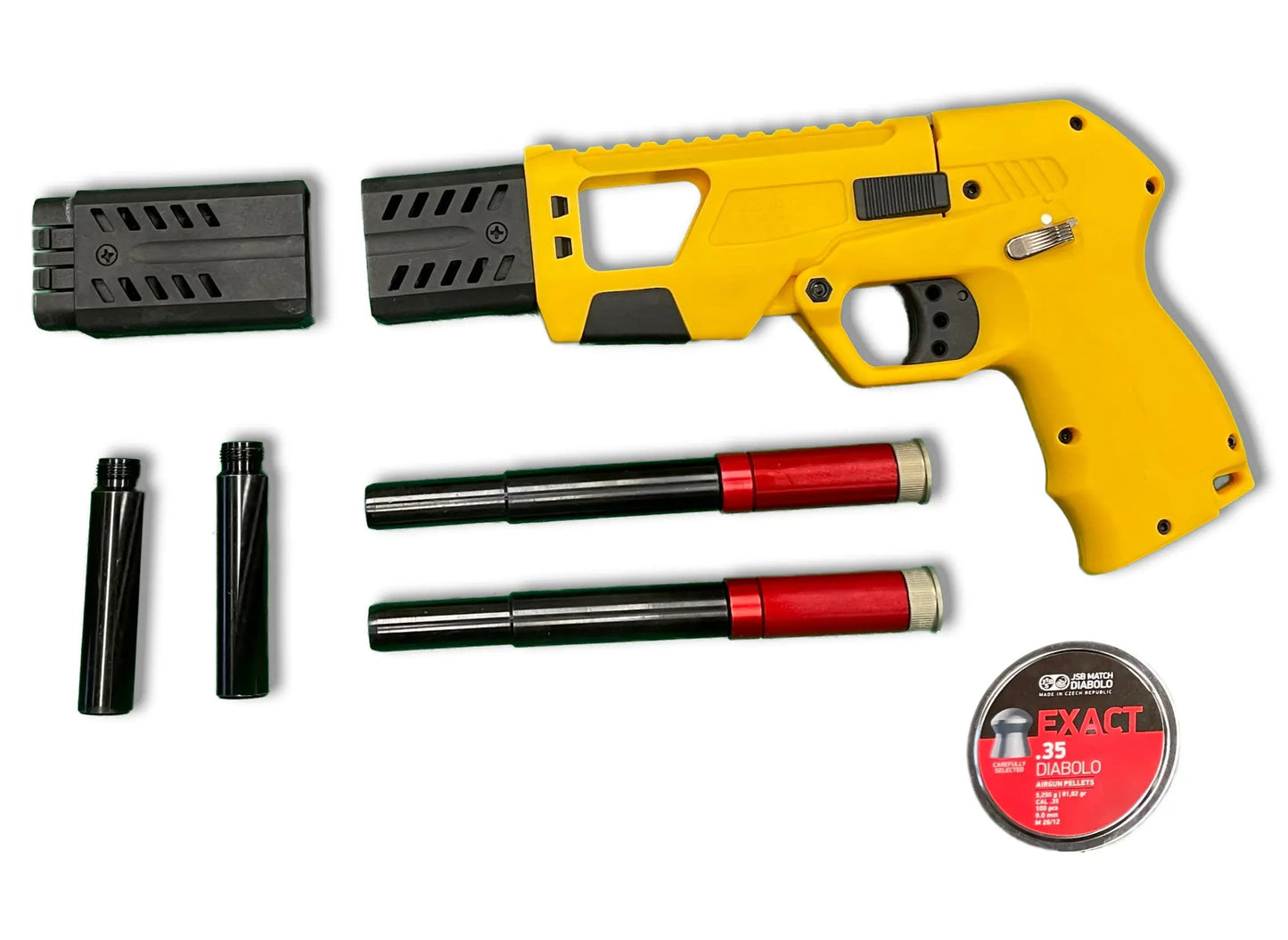 BinTac AEA  Defender PCP Airgun  yellow with 2 short Barrels and 2 long Barrels with Extension and .35 caliber pellets 